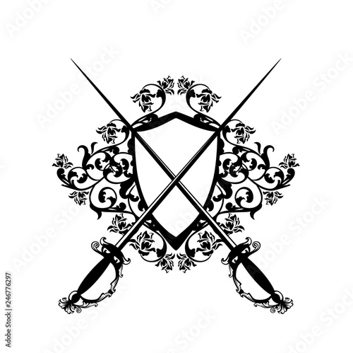 elegant heraldic shield with crossed epee swords and rose flowers - black and white vector fencing emblem