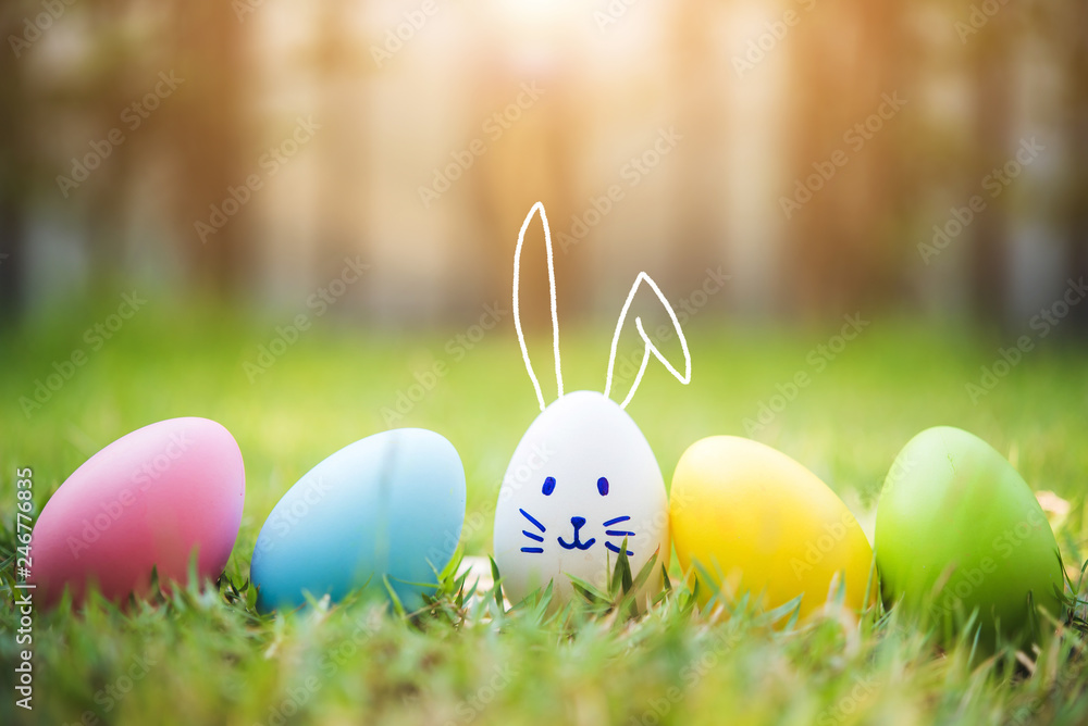 Colorful Easter eggs on green grass field Colorful Easter eggs on green grass field