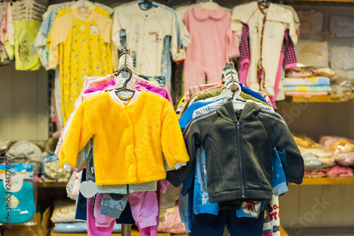 Children's clothing store, sale time, fashion concept for kids and other things