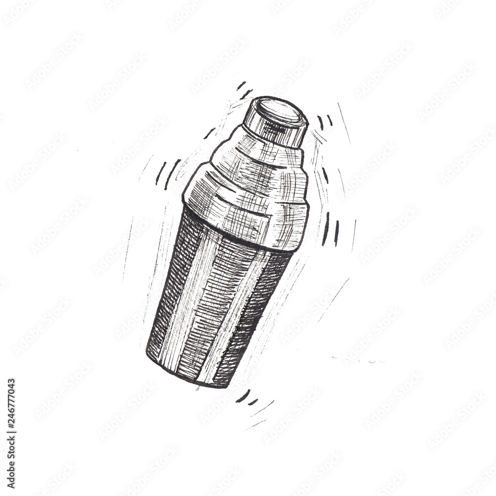 Cocktail shaker sketch, hand drawn shaker, beverage mixer shaker, black and  white hand-drawn illustration isolated on white background for your design  Stock Illustration