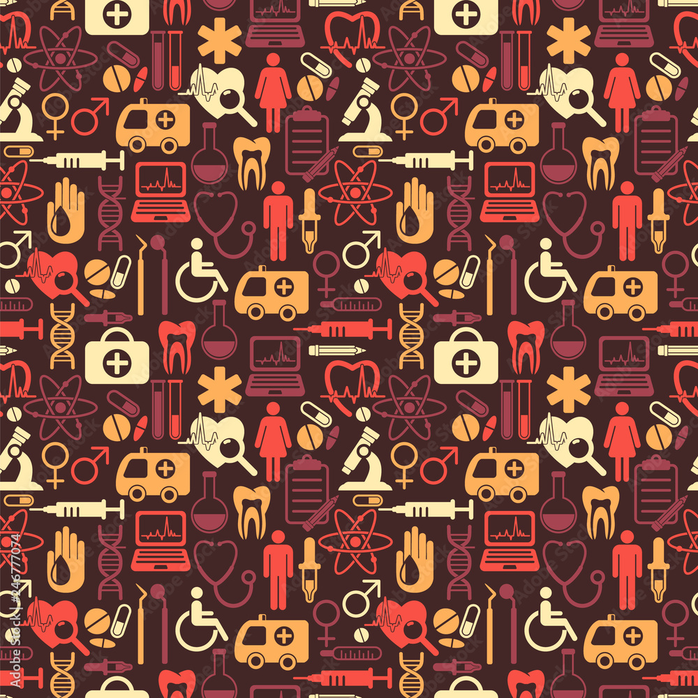 Obraz premium Vector seamless medicine and health design pattern with modern flat icons. Medical background with flat style symbols.
