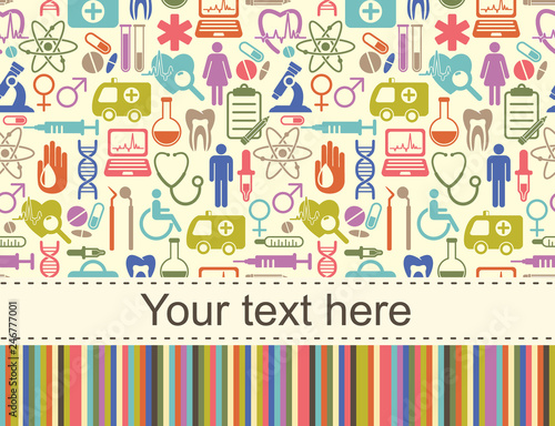 Vector medicine and health seamless design pattern with modern flat icons. Medical background with flat style symbols.