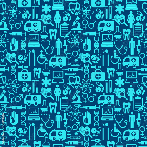Vector seamless medicine and health design pattern with modern flat icons. Medical background with flat style symbols.