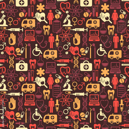 Vector seamless medicine and health design pattern with modern flat icons. Medical background with flat style symbols.