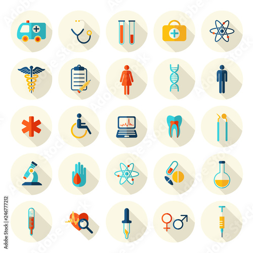 Vector medicine and health design modern flat icons. Medical flat style symbols.