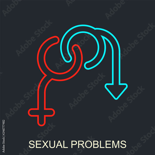 Sexual problems vector logo. Impotence red and blue icon. Urology dysfunction symbol. Medicine and health background. Medical pattern.