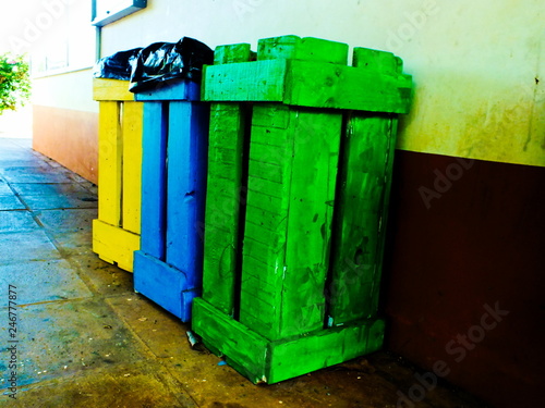 Colorfull trash cans in wood 