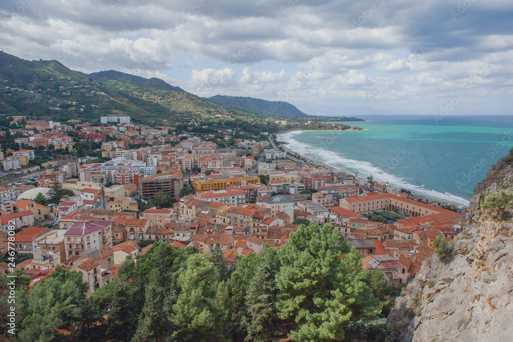 Town Cefalu on Sicily beautiful blue sea view
