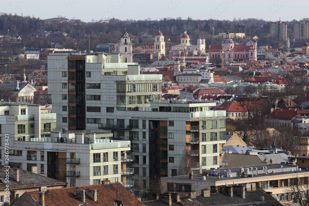 Naklejka premium Skyline view of rooftops oldtown and downlown in Vilnius Lithuania
