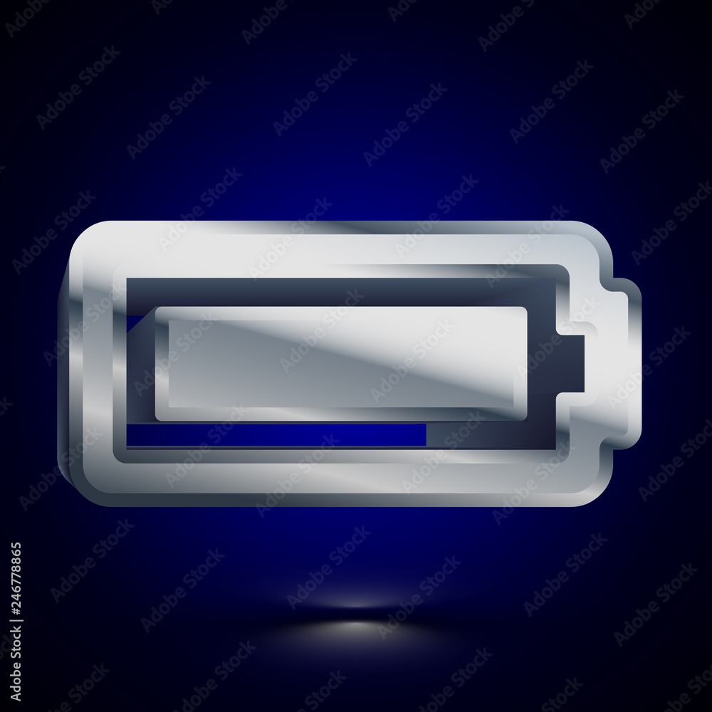 3D stylized Full Battery icon. Silver vector icon. Isolated symbol illustration on dark background. 3D stylized Full Battery icon. Silver vector icon. Isolated symbol illustration on dark background.