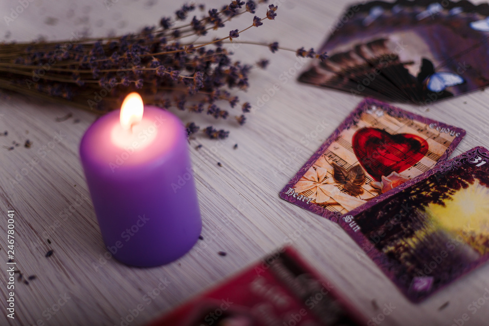 divination cards alignment with lavender and candle