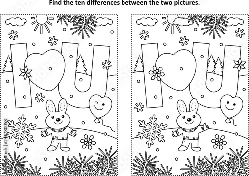 Valentine's Day find the ten differences picture puzzle and coloring page with I Love You message and cute little bunny
