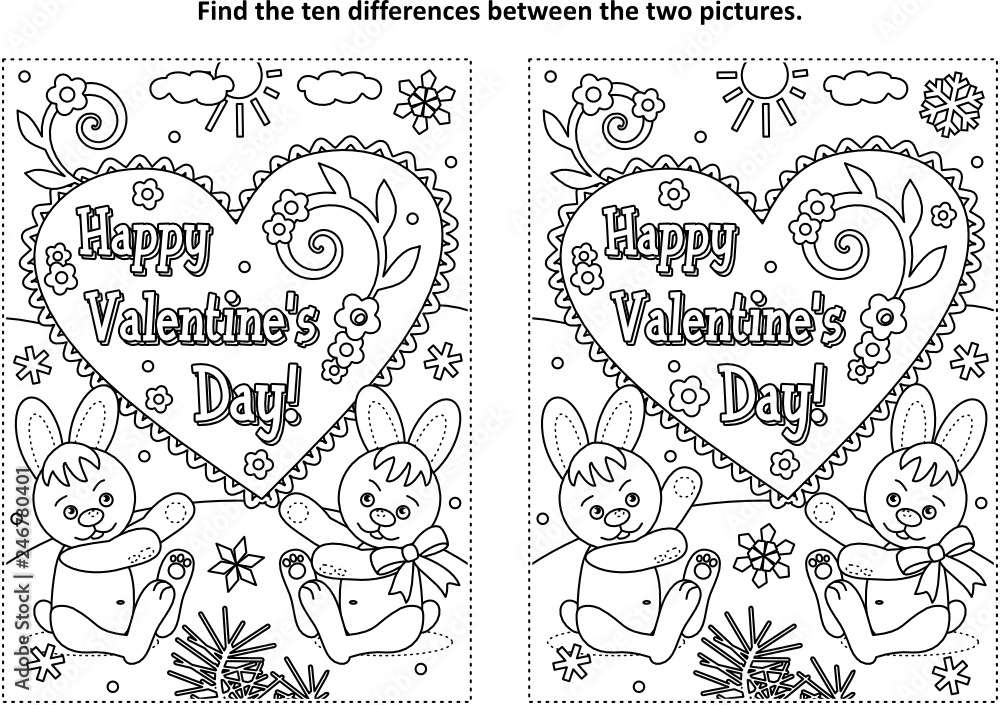 Valentine's Day find the ten differences picture puzzle and coloring page with Happy Valentine's Day greeting text and two cute little bunnies

