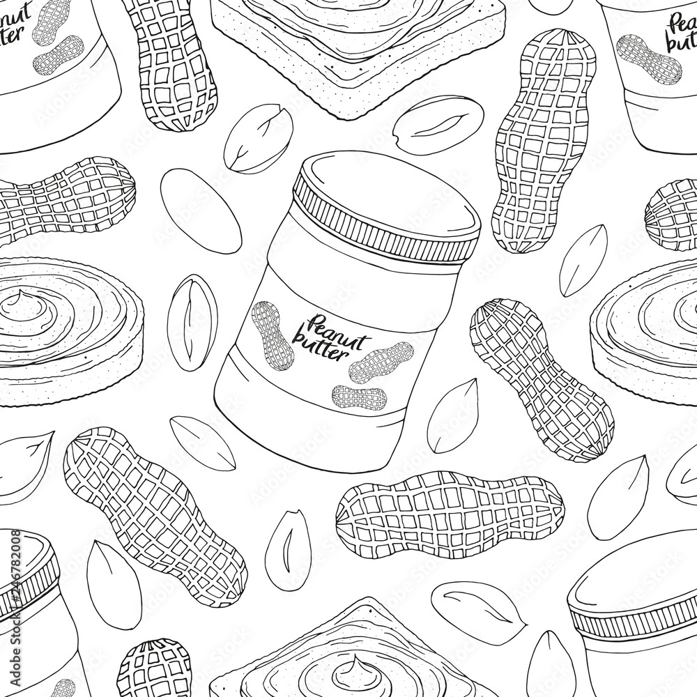 Seamless pattern made from different objects. jars with peanut butter