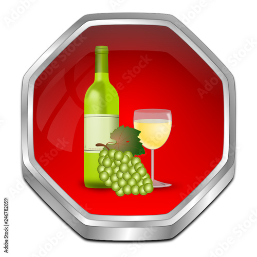 Button with wine bottle, a glass of wine and Grapes - 3D illustration