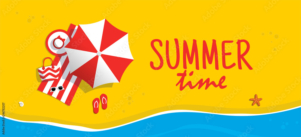 Aerial view of summer beach. Background tamplate with text summer time. Vacation on the tropical seaside. Holiday on sea sand. Сoncept for poster and other promotional material. Vector illustration.