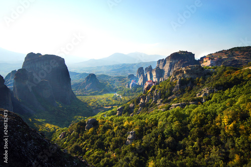 Beautiful panoramic view of Meteora landscape at sunset