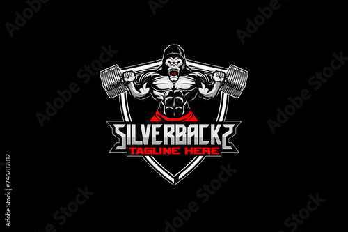 BODYBUILDING GORILLA ANIMAL CARTOON CHARACTER WILD WEIGHTLIFTING WITH BARBEL VECTOR LOGO TEMPLATE