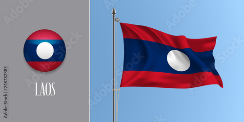 Laos waving flag on flagpole and round icon vector illustration