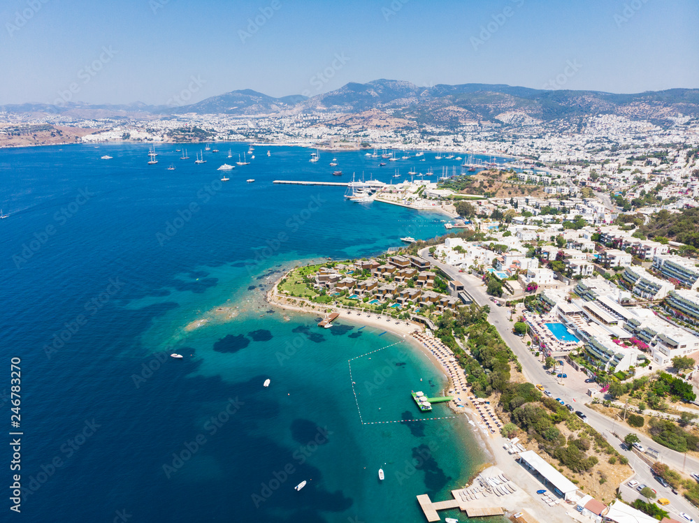 Aerial view of sunny Bodrum with resorts and beachfront villas