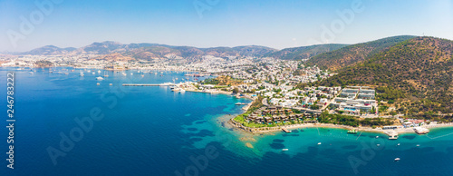 Panoramic aerial view of sunny Bodrum with resorts and beachfront villas