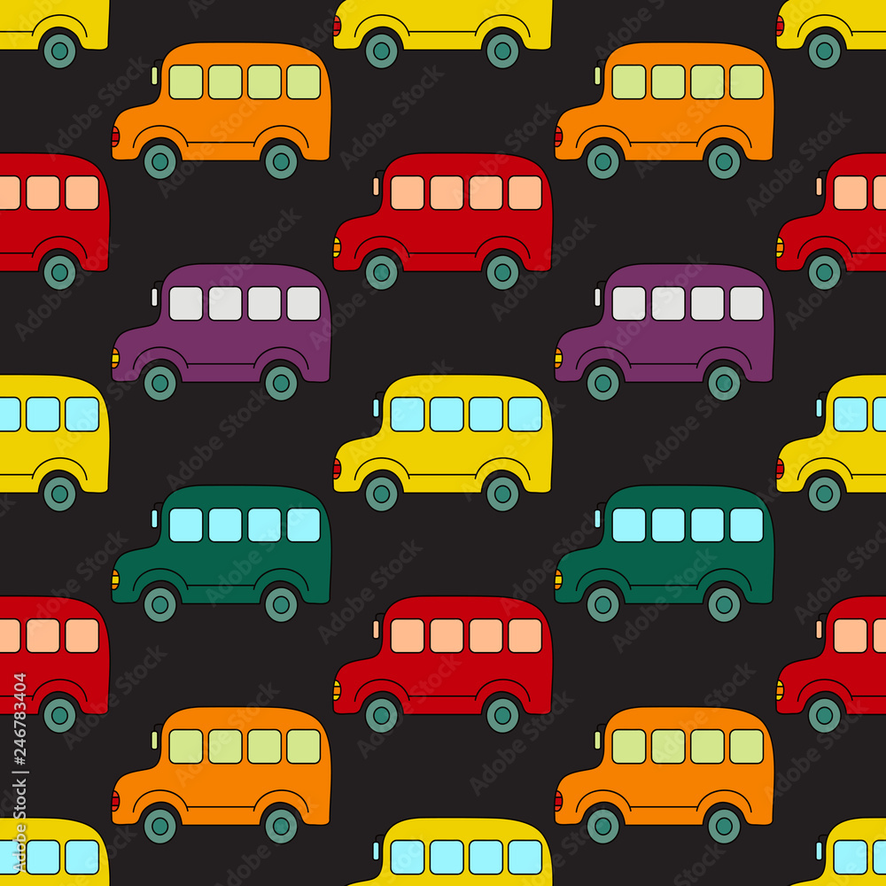 Seamless pattern with colorful buses on a black background. Seamless pattern with colorful buses on a black background.