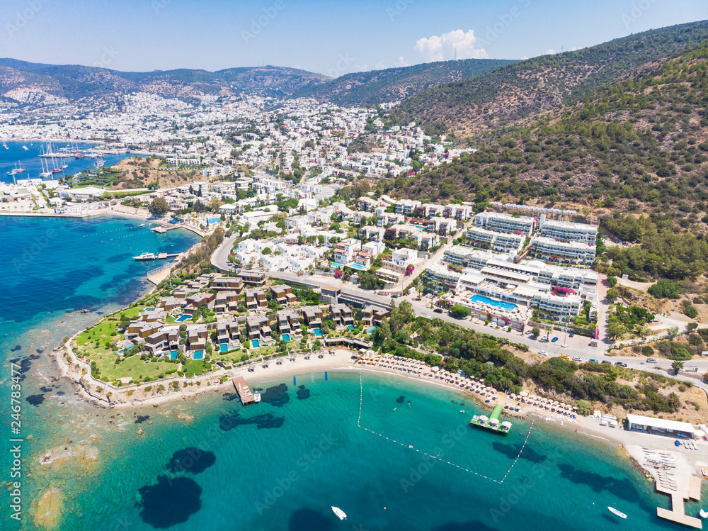 Aerial view of sunny Bodrum with resorts and beachfront villas