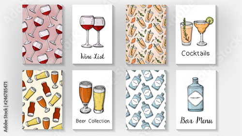 Vector Illustration of Bar Menu Templates with Wine Glasses, Cocktails, Beer Glasses and Gin Bottle