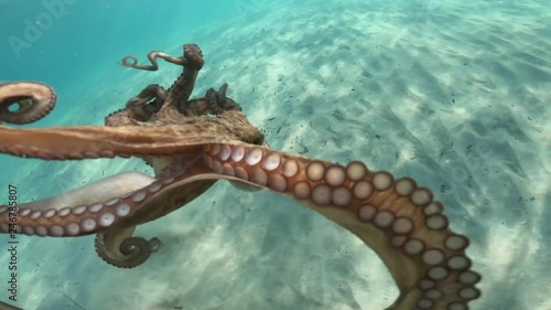 Sea level underwater scuba video of octopus swimming in tropical turquoise mediterranean sandy beach photo