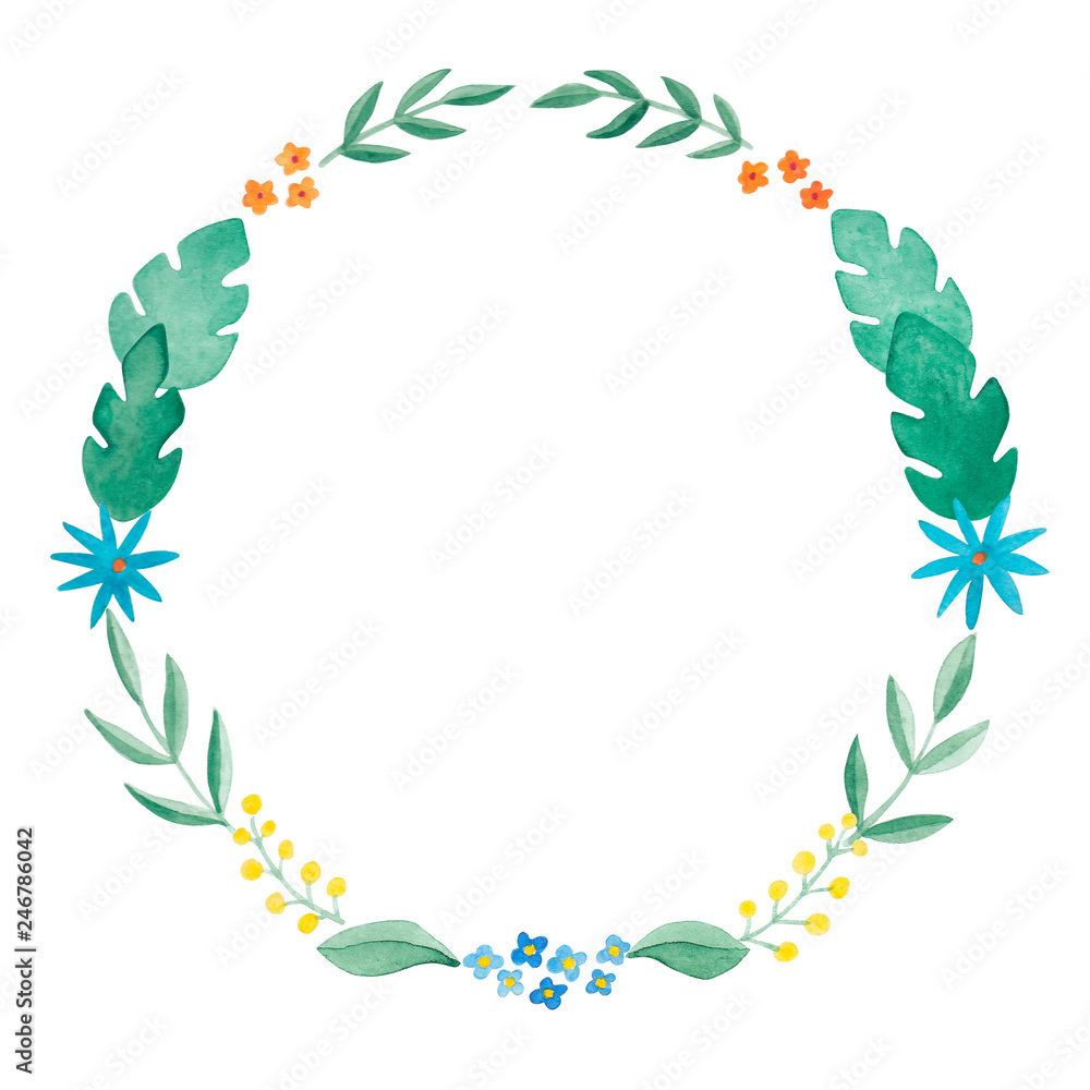 Obraz premium A wreath of watercolor flowers and leaves on a white background. Raster blank for design. Flower doodles. Frame for a holiday card.