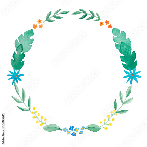 A wreath of watercolor flowers and leaves on a white background. Raster blank for design. Flower doodles. Frame for a holiday card.