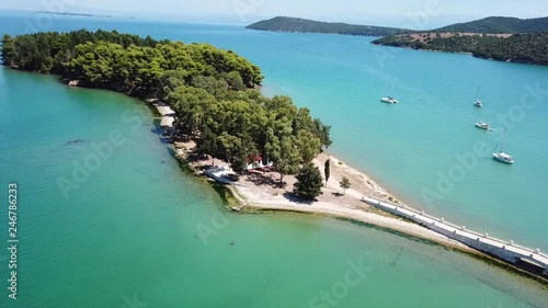 Aerial drone view video of iconic medieval castle in picturesque city of Vonitsa, Amvrakikos bay, Etoloakarnania, Greece photo