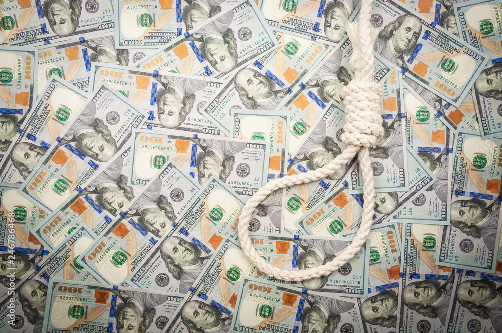 Fototapeta premium A loop of rope on background of dollars. top view, copy space