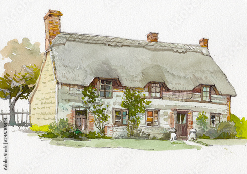 Fototapete English cottage watercolor hand drawn painting