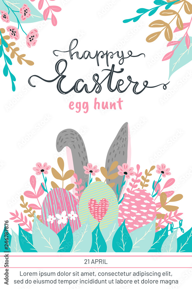 Happy Easter hand written lettering words and cute floral adorable banner with flowers, eggs, leaves and hand drawn textures on background Happy Easter hand written lettering words and cute floral adorable banner with flowers, eggs, leaves and hand drawn textures on background