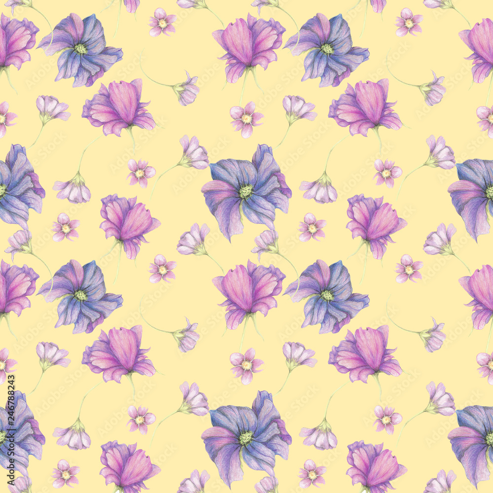 Seamless pattern of purple garden flowers