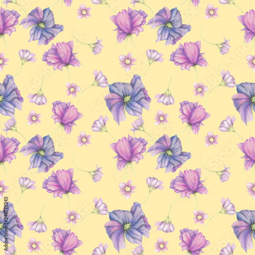 Seamless pattern of purple garden flowers