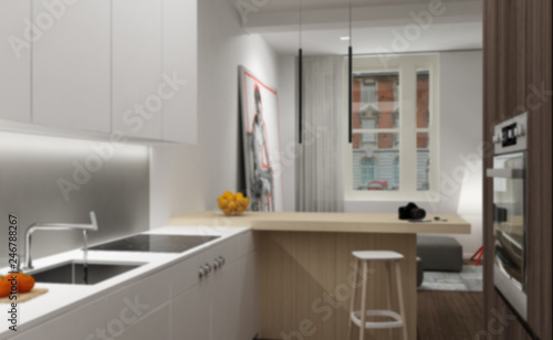 Blur background interior design, modern kitchen close-up in contemporary living room with two big windows, minimalist architecture concept idea