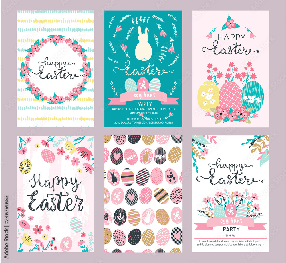 Set of Easter greeting cards and invitation for Easter egg hunt party designs in cute hand drawn style with florals, flowers, hand painted textures and bunny rabbits