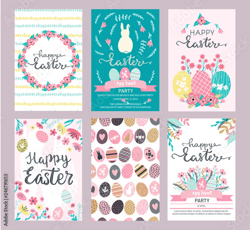 Set of Easter greeting cards and invitation for Easter egg hunt party designs in cute hand drawn style with florals, flowers, hand painted textures and bunny rabbits