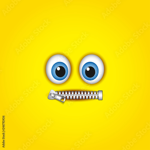 Zipped mouth emoticon isolated on yellow background