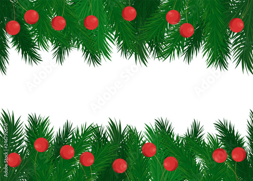 Red balls on green spruce branches vector frame isolated. Pine-tree elements of evergreen tree, decorative Christmas border with place for text