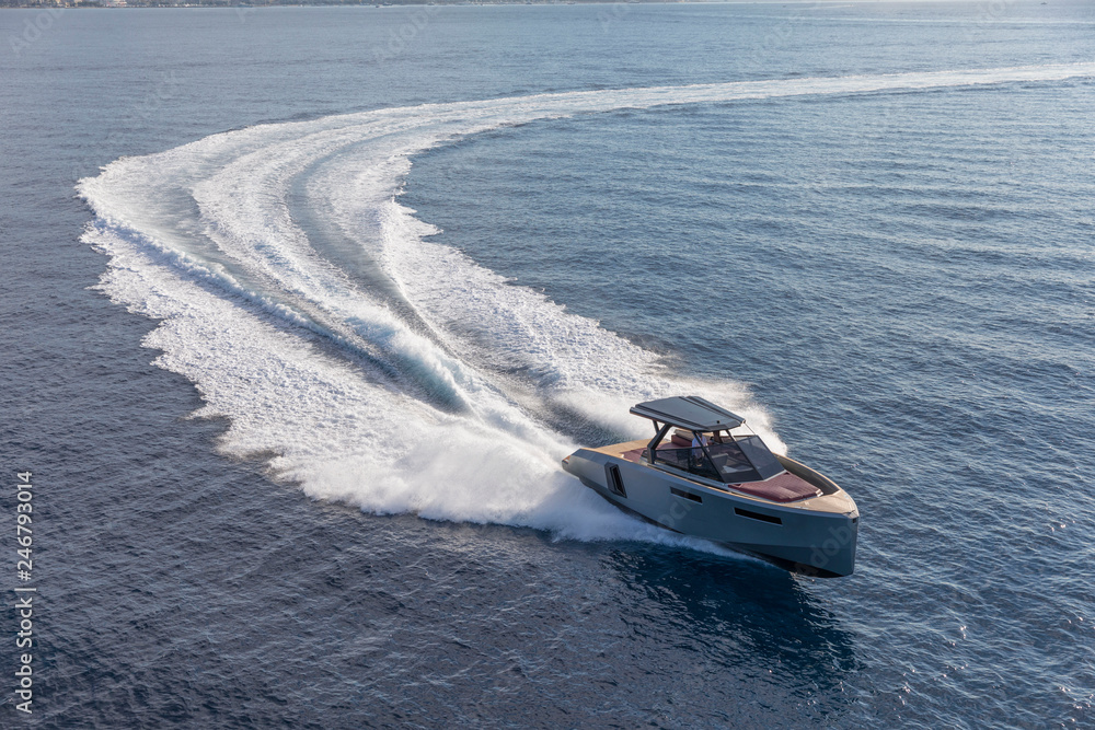 luxury motor boat, aerial view
