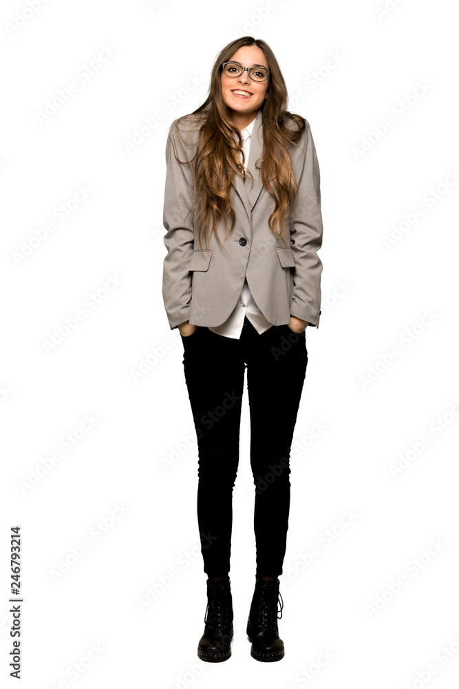 Full-length shot of Business woman smiling a lot while putting hands on chest on isolated white background Full-length shot of Business woman smiling a lot while putting hands on chest on isolated white background