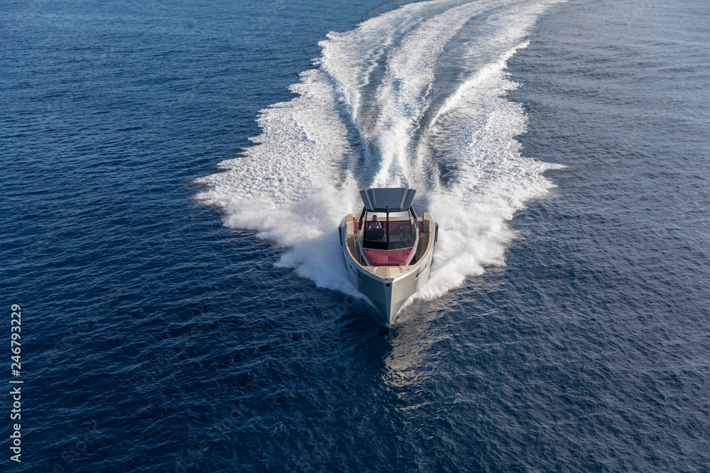 luxury motor boat, aerial view