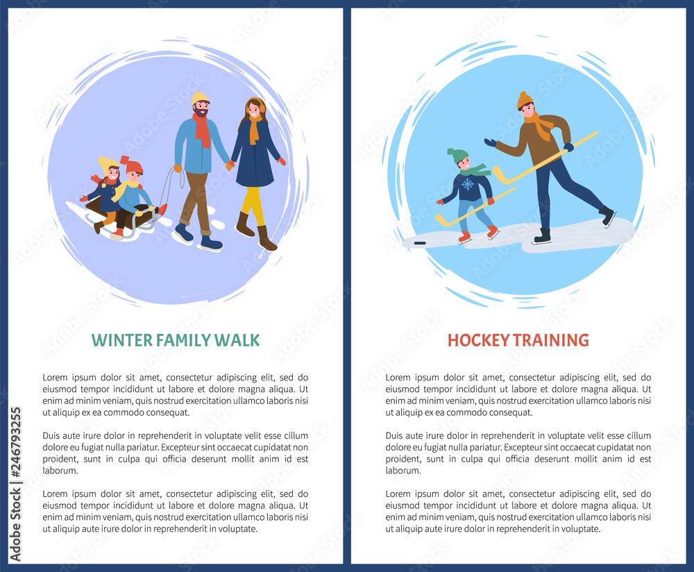 Hockey training and winter walks with children sitting on sledges vector. Parents with kids, father and son with wooden sticks on ice, skating sleds Hockey training and winter walks with children sitting on sledges vector. Parents with kids, father and son with wooden sticks on ice, skating sleds