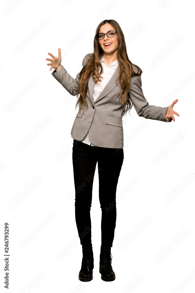 Full-length shot of Business woman proud and self-satisfied in love yourself concept on isolated white background Full-length shot of Business woman proud and self-satisfied in love yourself concept on isolated white background