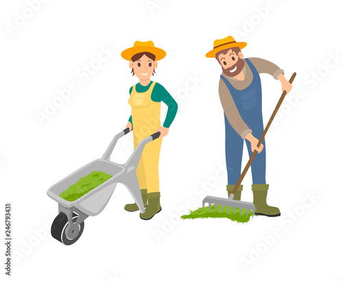 Farming man and woman dealing with compost spreading on ground. Female with trolley, man working using rake. Agriculture works and husbandry vector