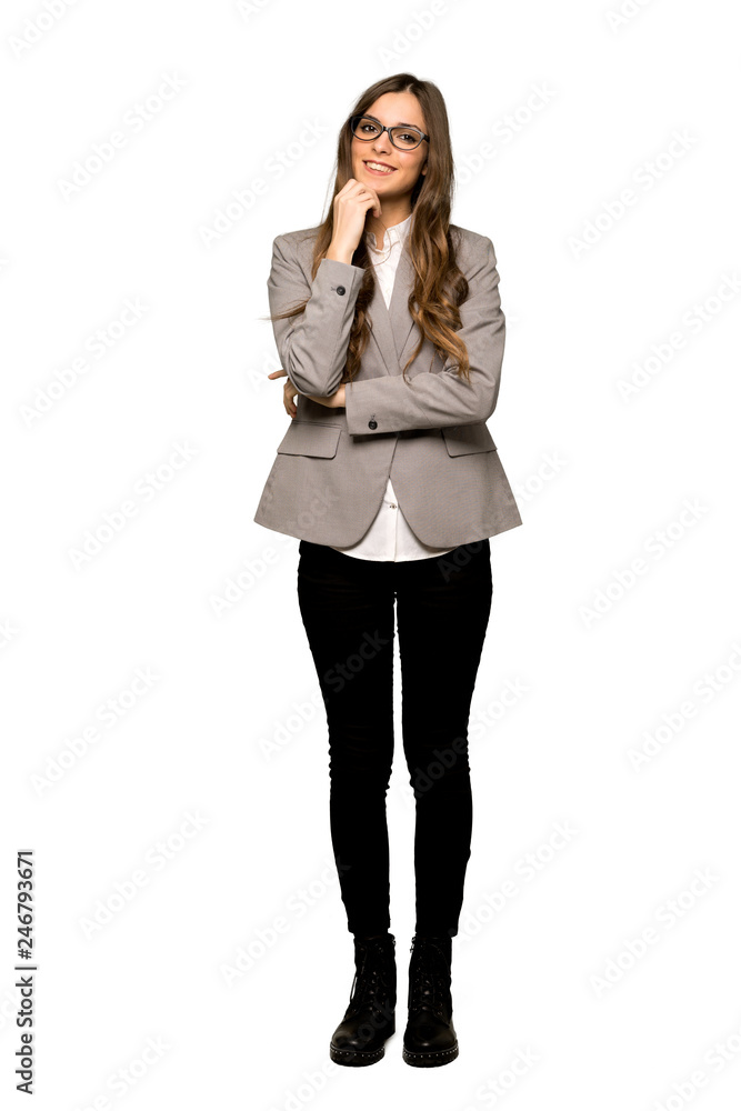 Full-length shot of Business woman with glasses and smiling on isolated white background Full-length shot of Business woman with glasses and smiling on isolated white background