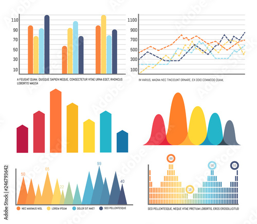 Infographics and charts with lines graphics vector. Dots and curves, visualization and conceptualization of data. Schemes and numeric figures results